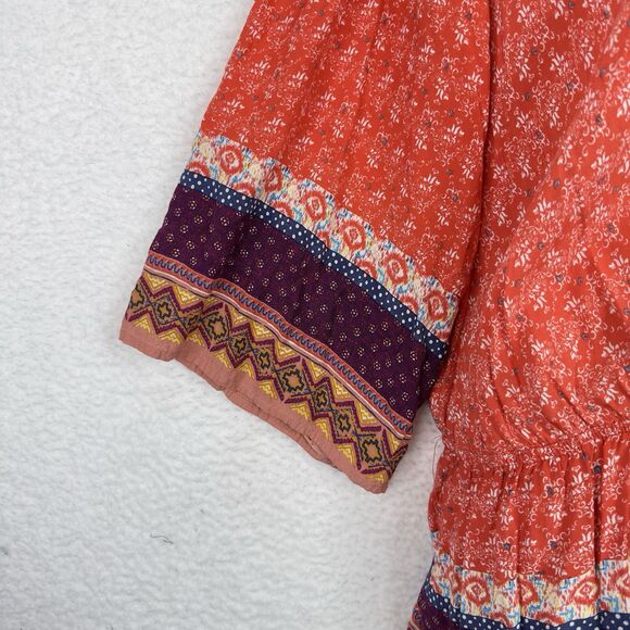 Black Note Boho Peasant Tunic Top‎ Women’s XL Orange Floral Border Print Peplum - Picture 5 of 15